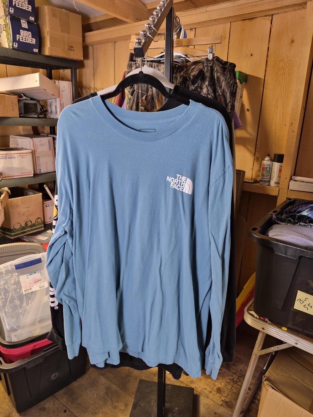 The North Face Men’s Long Sleeve Crew — Light Blue with White Logo Bin 55